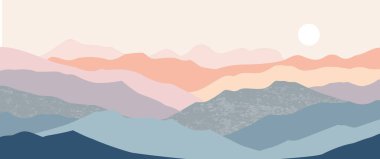 Sevgililer Günü kartı için beyaz güneş ve pembe tepeli romantik pastel dağ manzaralı el çizimi vektör..