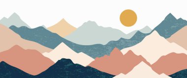 Modern bohem dağ manzaralı, güneşli ve pürüzlü tepeli vektör sevgililer günü düğün davetiyesi doğanın estetik duvar resimli baskısı.