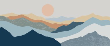 Soyut mavi dağ manzarası soluk güneş ve sessiz tepeler eşliğinde çizilmiş vektör. Sevgililer Günü dekorasyonu için doğal poster estetik duvar baskısı..