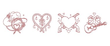 Batılı kovboy sevgililer günü çizimleri gitar kuşları ve boho düğün davetiyesi estetik resim baskısı için kementle çizilmiş vektör çizgileri..