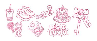 Gül ve uzaylı roket eli çizgili Y2K robotu gelecekteki çıkartma ve giysi tasarımı için çizilmiş vektör çizgisi çizimi..