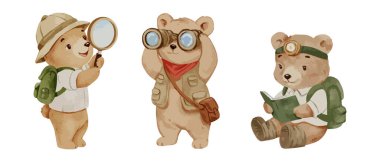 Sırt çantası, büyüteç ve kitap, yumuşak suluboya çizim tarzında maceraperest orman hayvanı karakterleri olan sevimli ayı kaşifleri..