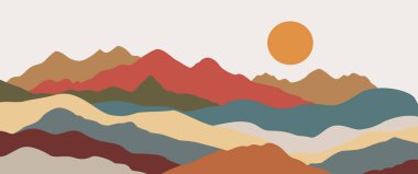 Çağdaş dağ manzarası vektörü daire güneş ve Japon Zen duvar sanatı için dalga desenleri ve modern minimalist ev dekorasyonu..