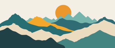 Retro minimalist duvar sanatı ve grafik poster tasarımı için yarım ton nokta dokuları ve ızgara desenleri olan modern soyut dağ manzarası vektörü.