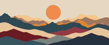 Uçan kuşlar ve ilham verici duvar sanatı ve doğa yolculuğu arka plan tasarımı için geometrik güneş içeren minimalist soyut dağ manzarası taşıyıcısı.