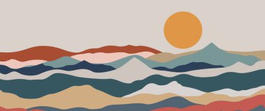 Göksel duvar sanatı ve ilham verici başarı arka plan tasarımı için yıldızlı ve geometrik güneşli minimalist dağ manzarası vektörü.