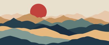 Uçan kuşlar yıldızları ve web sitesi başlığı ve modern duvar dekoru için geometrik desenler içeren soyut dağ manzarası vektörü..