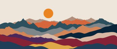 Modern soyut dağ manzarası çizimi geometrik şekilli güneş ve ayı en az duvar sanatı arka planı ve kapağı tasarımı için gösterir..