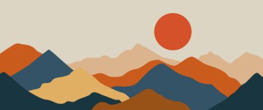 Modern İskandinav duvar sanatı ve minimalist arkaplan için zigzag çizgileri, nokta desenler ve gündoğumu şekilleri içeren soyut geometrik dağ manzarası vektörü.