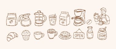 Elle çizilmiş kafe ve fırın ikonları kahveci kahve demleme ekipmanları ve tatlı karalama malzemeleri dükkan elementlerinin minimalist vektör çizimleri izole edilmiş kahverengi çizgi çizgileri..