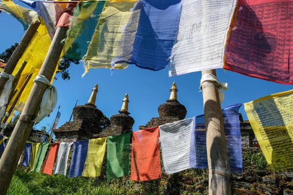 Pelling Indie Październik 2020 Flagi Modlitewne Stupy Buddyjskim Klasztorze Sanghak — Zdjęcie stockowe