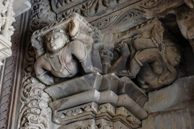Hindistan, Madhya Pradesh, Khajuraho 'daki Vamana Tapınağı' nın detayları. UNESCO 'nun Dünya Mirası Alanı Khajuraho Anıtlar Grubu' nun bir parçası oldu.