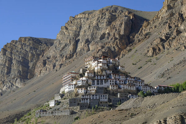 Kee, India - June 2021: Views of the Key Monastery in Kee on June 29, 2021 in Spiti valley, Himachal Pradesh, India.