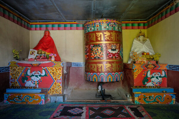 Prayer wheel in the village of Nako in Himachal Pradesh, India.