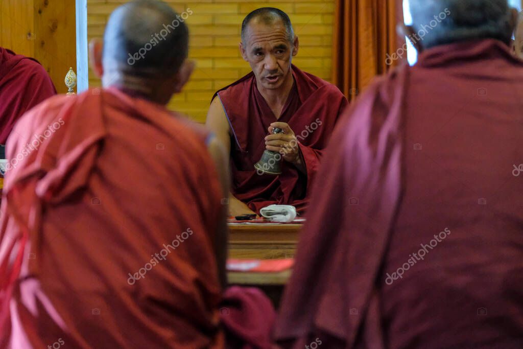 Tabo, India June 2021 Buddhist monks performing a puja in the Tabo