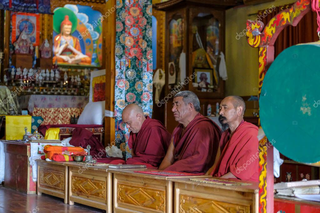 Tabo, India June 2021 Buddhist monks performing a puja in the Tabo