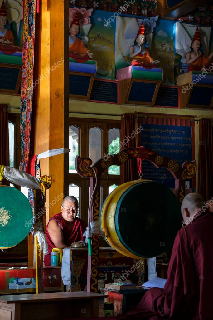 Tabo, India June 2021 Buddhist monks performing a puja in the Tabo