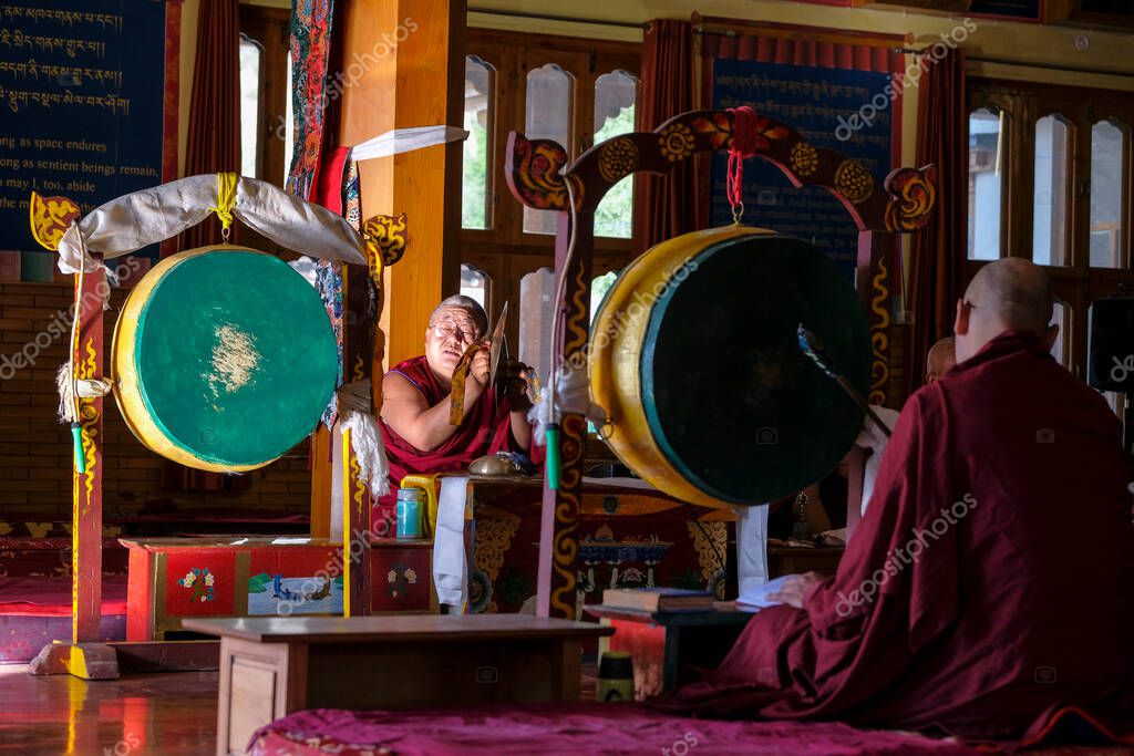 Tabo, India June 2021 Buddhist monks performing a puja in the Tabo