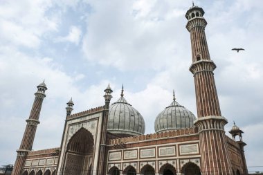 Delhi, Hindistan - Ağustos 2021: Delhi 'deki Jama Mescid Camii 3 Ağustos 2021' de Hindistan 'ın Delhi şehrindeki en büyük camiidir..
