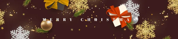 Роскошный Праздник Рождества Золотыми Конфетти Вид Сверху Широкий Горизонтальный Баннер — стоковый вектор