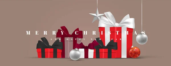 Stapel Von Geschenkboxen Weihnachtsgeschenk Banner Vektor Elegante Frohe Weihnachten Und — Stockvektor