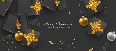 Siyah ve altın renkli lüks Noel gerçekçiliği. Hediye kutusu ve konfeti vektör arka planı olan düz çizimler.