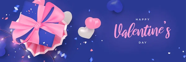 Prachtige Valentijnsdag Realistische Vlakke Lekenbanner Met Gloeiende Lichtjes Decoratieve Hartjes — Stockvector