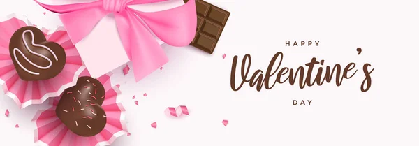 Gelukkige Valentijnsdag Banner Met Schattige Hart Desserts Chocolade Bar Geschenkdoos — Stockvector