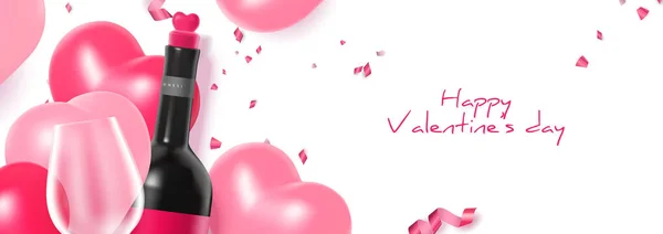 Mooie Valentijnsdag Illustratie Banner Met Realistische Wijn Fles Glas Vector — Stockvector