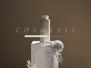 Lüks kozmetik şişe markalaştırma şablonu podyum ve dekoratif çiçekle. Zarif klasik Rönesans tarzı ürün sunumu modeli. 3d gerçekçi sahne illüstrasyon vektörü