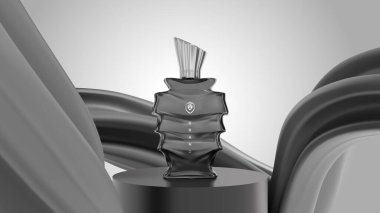 Zarif siyah-beyaz stilize cam parfüm şişesi 3D gerçekçi sahne illüstrasyonu. Premium kozmetik marka reklamları sunum şablonu