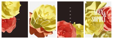 Güzel gerçekçi renkli gül örtüsü seti, düğün davetiyesi, kart, poster şablonu