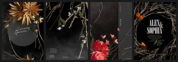 Realistic Dark Elegant Flowers Branches Arrangement Cover Magazine Poster Illustration — Stock Vector