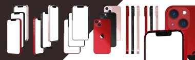 iPhone 13 siyah, pembe ve ürün kırmızı renk 3d gerçekçi vektör düzenleme seti