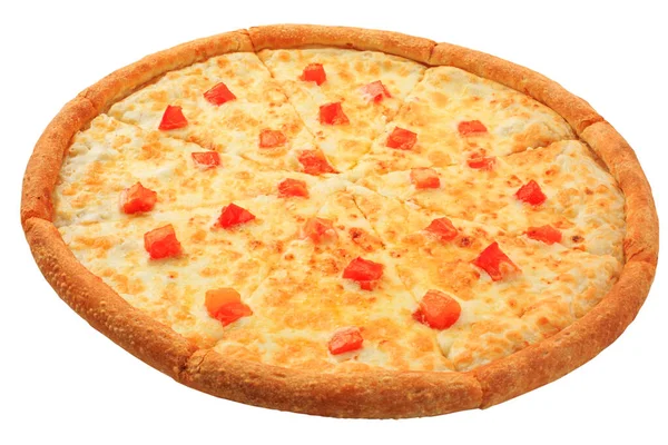 Pizza Met Kaas Tomatenblokjes Geïsoleerd Een Witte Achtergrond — Stockfoto