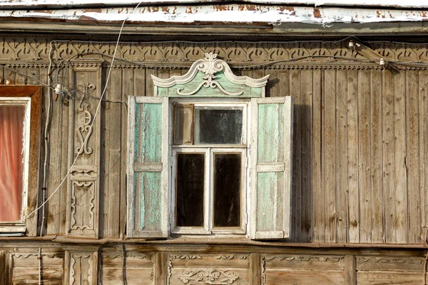 Antique Wooden Windows Carved Platbands Village Russian Outback — Stock Photo, Image