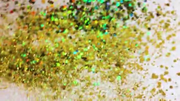 Gold Sequins Rhinestones Pour Shimmer Beautifully White Background Close Festive — Stock Video