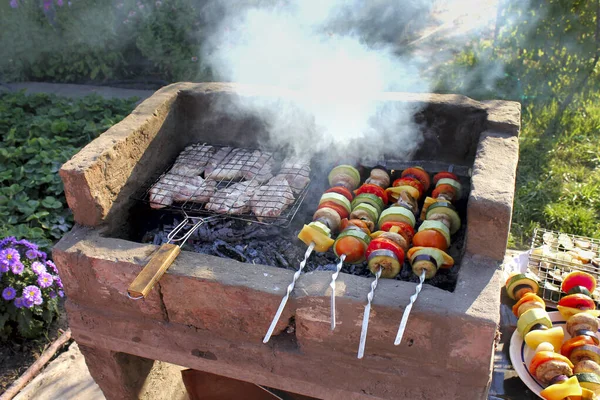 Kebab Grilla Mięsnego Warzywnego Szaszłykach Pieczonych Grillu Węglowym — Zdjęcie stockowe