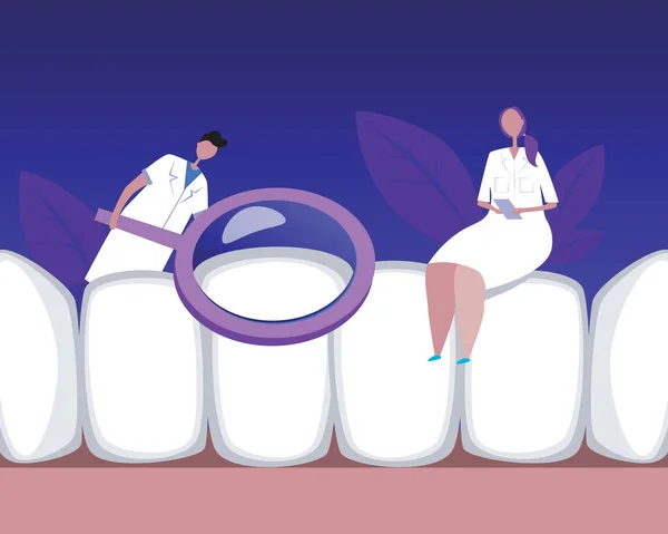 Zdrowe Zęby Dentyści Ortodonci Płaska Ilustracja Wektora Loupe Liście Dentyści — Wektor stockowy