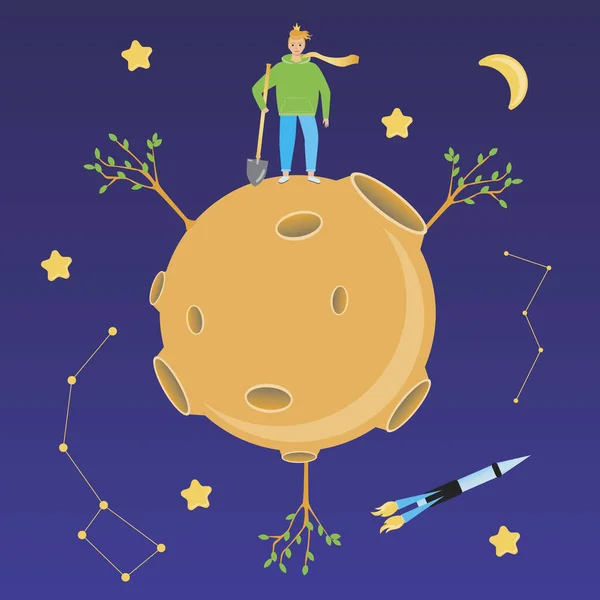 Küçük Prens, kitap arsası. Düz vektör stok çizimi. Modern küçük prens, gezegen, baobab. İllüstrasyon, baskı için kitap grafiği. Küçük prens kitabı karakteri. Kitap için Vektör illüstrasyonu