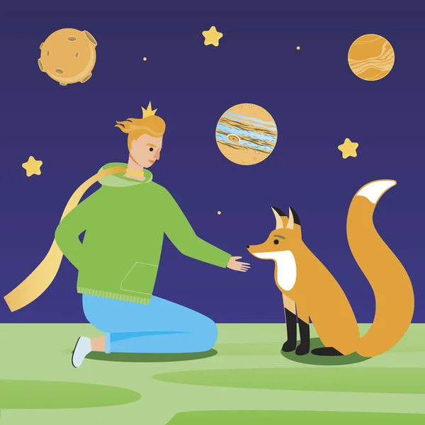 Kitap için küçük prensin tasviri. Düz vektör stok çizimi. Bir tilki ile modern küçük prens. Şirin bebek çizimi. Kitabın karakteri prens ve tilkidir.