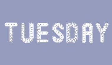 Weekday Bollard izole edilmiş. Süs vektörü çizimi. Salı günü hafta içi beyaz mesaj. Haftanın harf günüyle izole bir illüstrasyon. Mermi günlüğü, organizatör, planlayıcı için gün