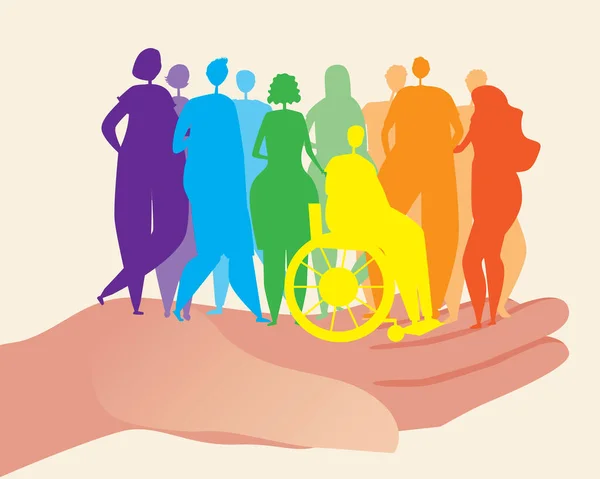 Palm 'daki LGBTQ çalışanları izole edildi. Düz vektör stok çizimi. LGBTQ insanlarını koruma kavramı, homoseksüelliğe tolerans. İnsanların siluetleri, gökkuşağı bayrağı. LGBTQ pasifleştirildi