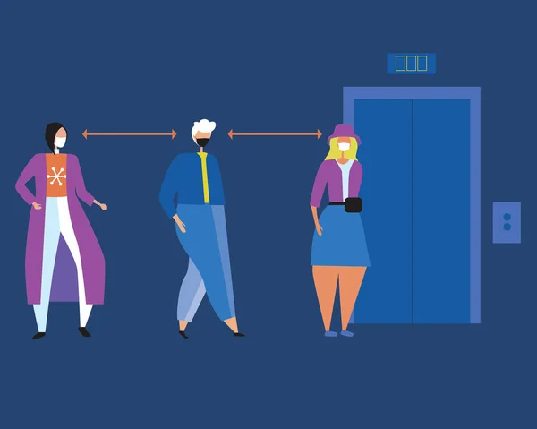 엘리베이터를 기다리는 사람들은 사회적 거리를 합니다 일러스트 나란히 사회적 거리의 — 스톡 벡터