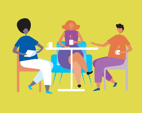 Arkadaşlar buluşuyor. Düz vektör stok çizimi. Bir kafede arkadaşlarla buluşup çay içerken konuşma fikri. Farklı etnik gruplar, Afro arkadaşlar.