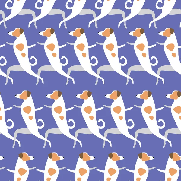 犬とヨガのシームレスなパターンを隔離 かわいいフラットベクトルストックイラスト ジャック ラッセル テリア犬ヨガのキャラクター シームレスなパターンとしての錯覚 犬の壁紙 — ストックベクタ