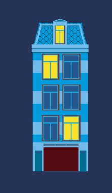 Amsterdam mimarisi izole edilmiş. Düz vektör stok çizimi. Klasik mimari konsepti. Retro amro, pencerelerde ışık, eski Avrupa. Logo olarak vektör illüstrasyonu, amblem. İzole bir ev.