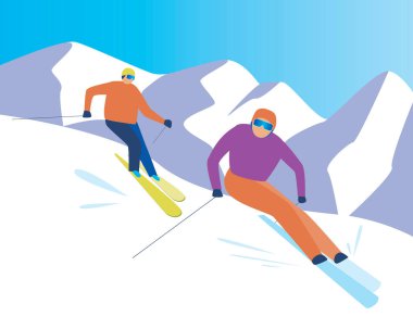 Kayakçılar yokuş aşağı kayıyor. Düz vektör stok çizimi. Tatilde bir dağ evinde kayak yaparken. Rekabet, tatil, kayak konsepti. Yarışma boyunca kayakçıların resimleri