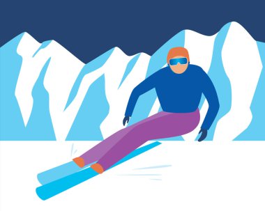 Dağdaki bir tatil köyünde kayakçı. Düz vektör stok çizimi. Dağlarda kayak yapan genç bir kayakçı. Kayak merkezi ve dağdan inme. Dağlardaki bir kayak merkezinde bir adamla resim.