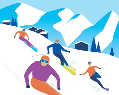 Yarışma sırasında kayakçılar. Düz vektör stok çizimi. Dağlarda ekstrem sporlar. Rekabet konsepti, spor. Vektör kayakçılar, dağlarda ekstrem sporlar